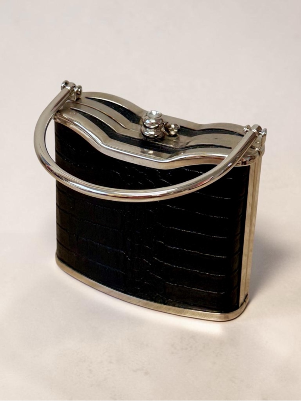 Black Bijoux Terner Hardshell Purse Mini Bag Clutch W/Silver Hardware Faux Croc